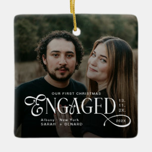 Engaged Couples 2 Photos Stylish First Christmas Ceramic Ornament