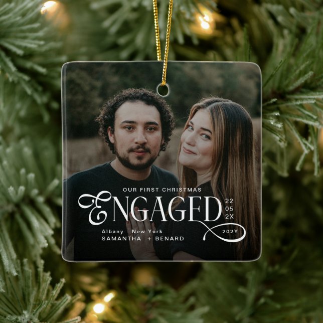 Engaged Couples 2 Photos Stylish First Christmas Ceramic Ornament (Tree)
