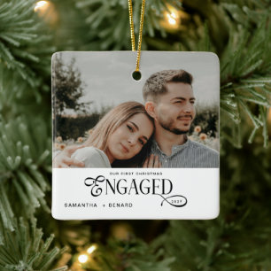 Engaged Couples Photo Stylish First Christmas Ceramic Ornament