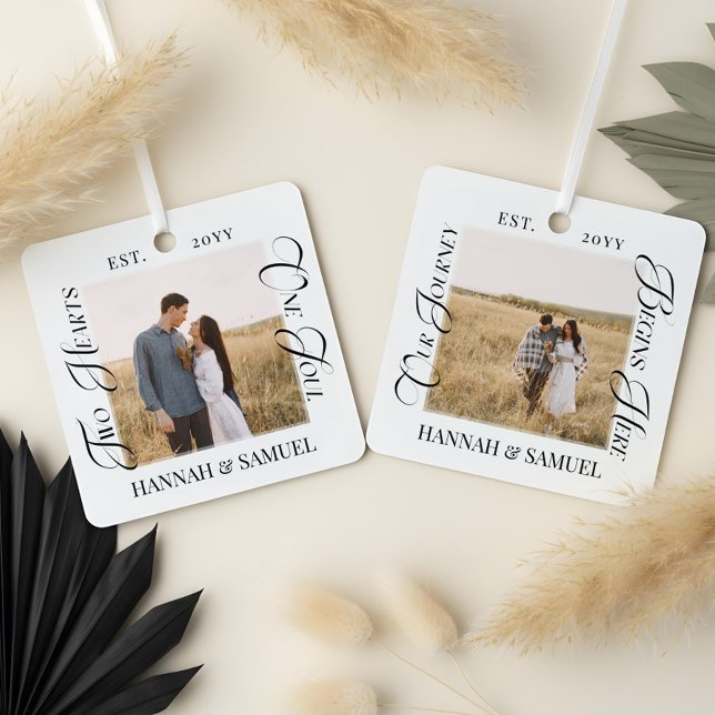 Engaged Couples Photo Two Hearts One Soul Keepsake Metal Ornament (Engaged Couples Photo Two Hearts One Soul Keepsake Metal Ornament)