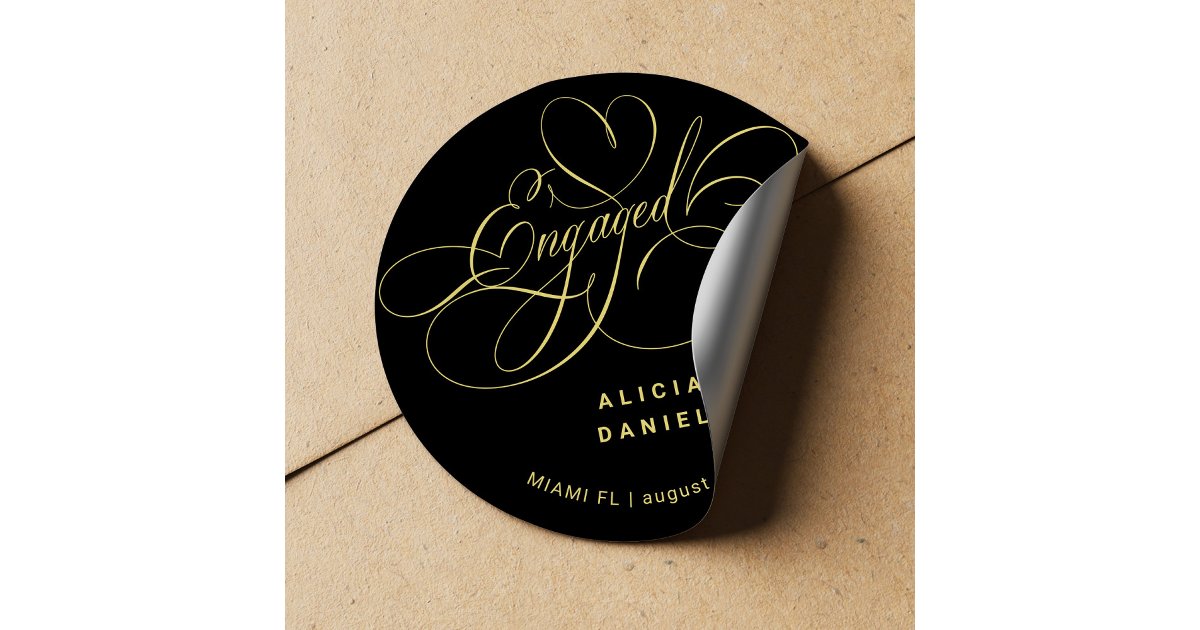 Engaged elegant gold black engagement party classic round sticker | Zazzle