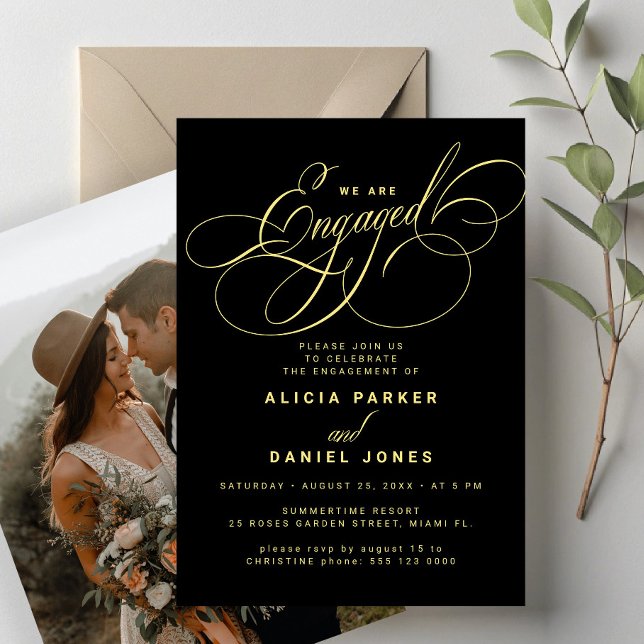 Engaged elegant gold black photo engagement party invitation (Creator Uploaded)