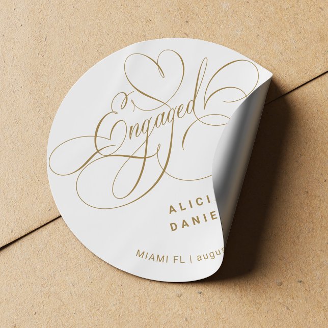 Engaged elegant gold engagement party classic round sticker (Creator Uploaded)