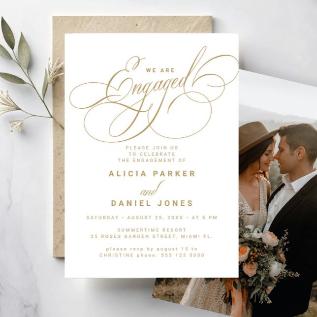 Engaged elegant white gold photo engagement party invitation (Creator Uploaded)