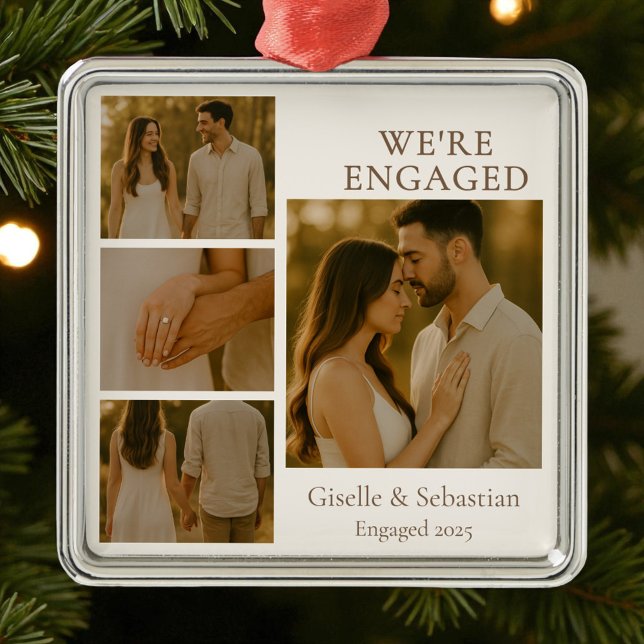 Engaged Engagement Collage 4 Photo Christmas Metal Ornament (Creator Uploaded)