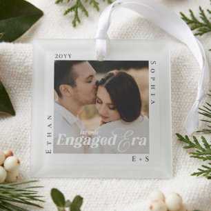 Engaged Era Minimal Engagement Photo Keepsake Glass Ornament