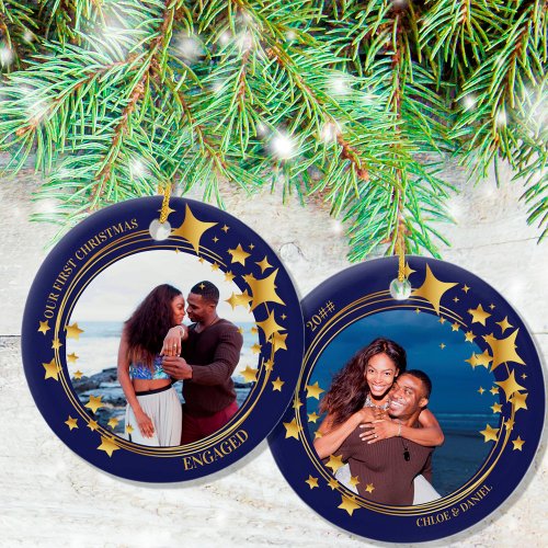 Engaged First Christmas 2 Photo Gold Star Wreath Ceramic Ornament