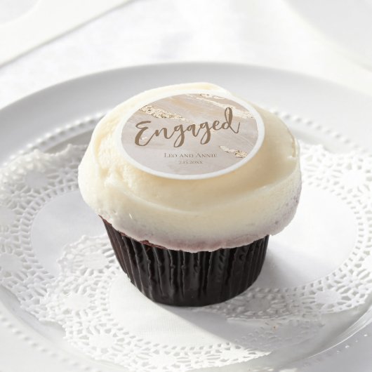 Engaged Gold Foil Marble Monogram Script Edible Frosting Rounds (Cupcake)