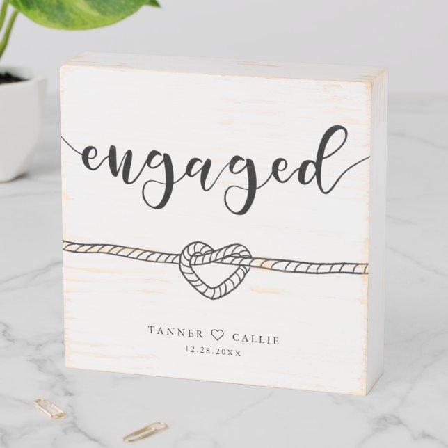 Engaged Heart Knot Modern Script Keepsake Wooden Box Sign (In Situ Horizontal)