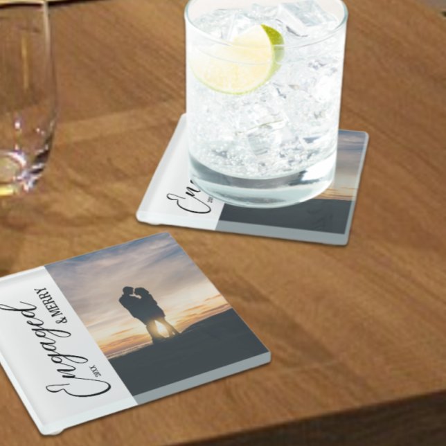 Engaged & Merry Couple Photo Glass Coaster (Creator Uploaded)