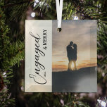 Engaged &amp; Merry Couple Photo Glass Ornament