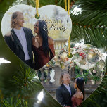 Engaged & Merry Double Sided Heart Couple Photo Ceramic Ornament<br><div class="desc">Engaged and Merry photo ornament - perfect for engaged couple's first christmas. The photo template is set up for you to add an engagement photo on each side. One side has an elegant text overlay which reads "engaged & merry" and the other side as a traditional nostalgic overlay of christmas...</div>