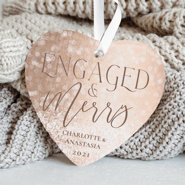 Engaged & Merry Gold White Twinkling Lights Photo Ornament (Engaged & Merry Gold White Twinkling Lights Photo Ornament)