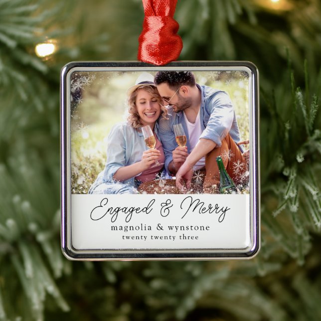 Engaged Merry Photo Snowflake Keepsake Metal Ornament (Tree)