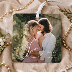 Engaged Minimal Love Script Engagement Photo Gift Metal Ornament