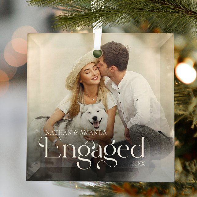 Engaged Minimal & Modern Couple Photo Glass Ornament (Creator Uploaded)