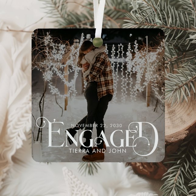 Engaged Minimalist Fun Typography Photo Metal Ornament (Creator Uploaded)