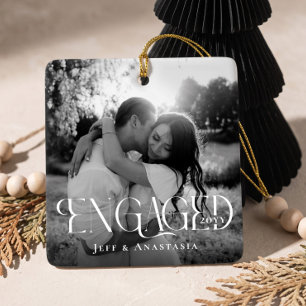 Engaged Modern Black & White Engagement Photos Ceramic Ornament