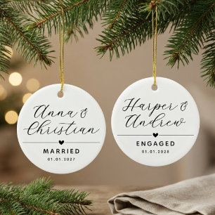 Engaged Modern Calligraphy Couple Newlyweds Name Ceramic Ornament