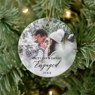 Engaged Modern Calligraphy Couple Photo Ceramic Ornament