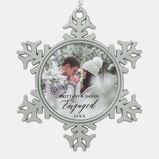 Engaged Modern Calligraphy Couple Photo Snowflake Pewter Christmas Ornament (Front)