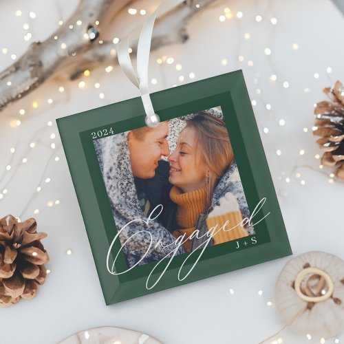 Engaged Modern Script Couples Photo &amp; Monogram Glass Ornament
