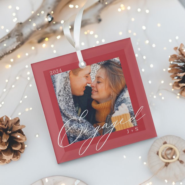 Engaged Modern Script Couples Photo & Monogram Glass Ornament (Engaged Modern Script Couples Photo & Monogram Glass Ornament)