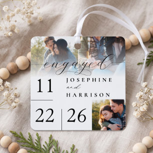 Engaged Modern Script Engagement Photo Keepsake  Metal Ornament