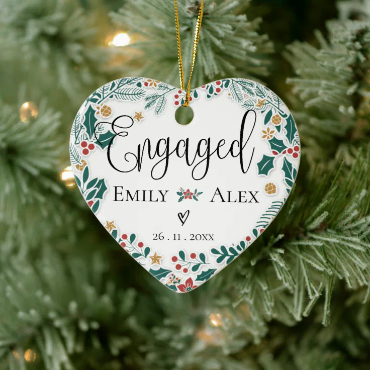 Engaged Our First Christmas Red Berries Christmas Ceramic Ornament | Zazzle