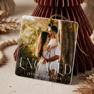 Engaged Overlay Minimal Modern Couple Photo Ceramic Ornament