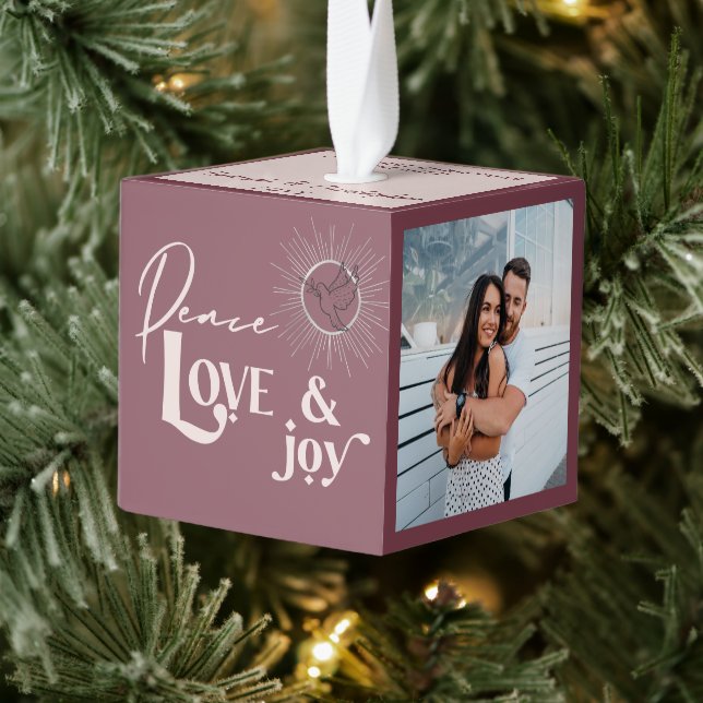 Engaged Peace Love and Joy 3 Photo Cube Ornament (Tree)