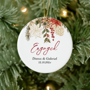 Engaged Red Flowers Christmas Ceramic Ornament