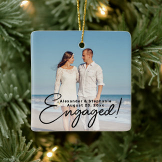 Engaged Script Engagement Photo Double Sided Ceramic Ornament