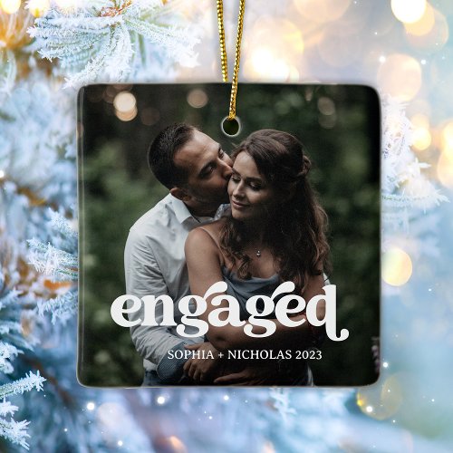 Engaged  Simple and Boho Text and Two Photos Ceramic Ornament