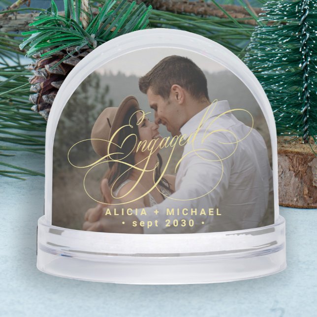 Engaged simple elegant script 2 photos keepsake snow globe (Creator Uploaded)