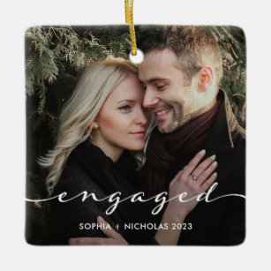 Engaged   Simple Script and Two Photos Ceramic Ornament