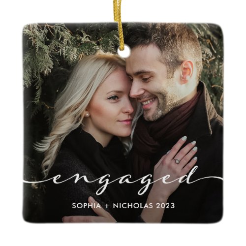 Engaged | Simple Script and Two Photos Ceramic Ornament