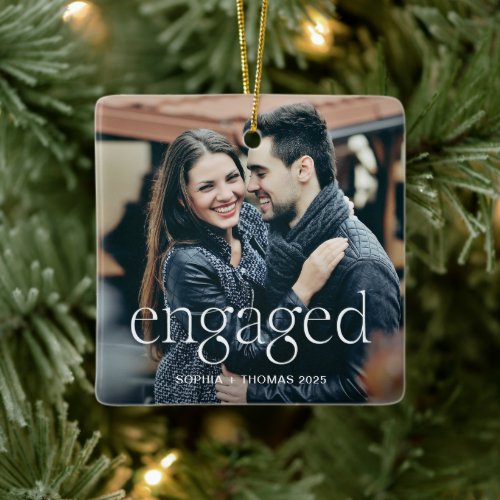 Engaged | Stylish Elevated Text and Two Photos Ceramic Ornament
