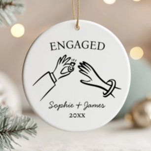 Engaged Whimsical Hand Drawn Engagement Christmas Ceramic Ornament