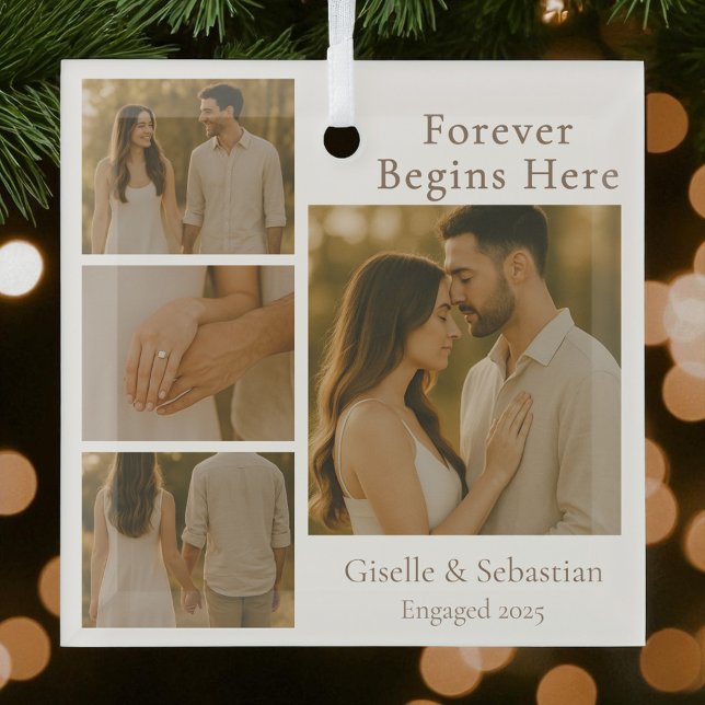 Engagement 4 Photo Collage Christmas Holiday Glass Ornament (Creator Uploaded)
