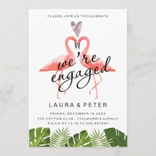 Engagement announcement   flamingos tropical leaf