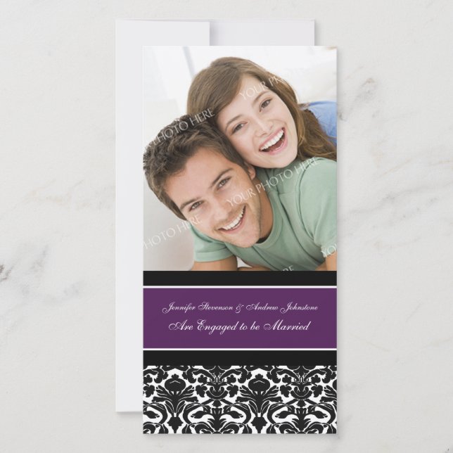 Engagement Announcement Photo Card Plum Damask (Front)