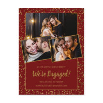 Engagement Announcement Red Gold 3 Photo Postcard