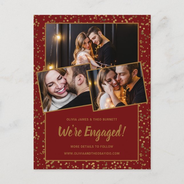 Engagement Announcement Red Gold 3 Photo Postcard (Front)