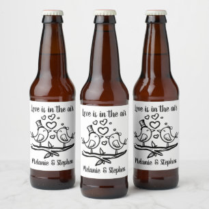 Engagement Birds Black White Lovebirds Wedding Beer Bottle Label