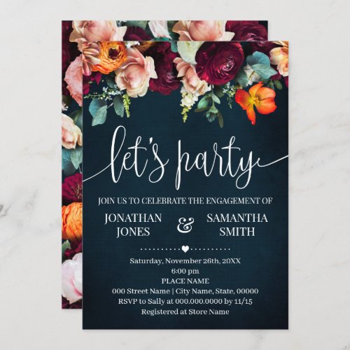 Engagement Celebration Wine Flowers Navy Wedding Invitation