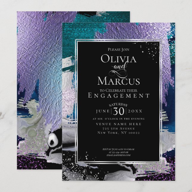 ENGAGEMENT | Chic Bold Orchid Aqua Metallic Invitation (Front/Back)