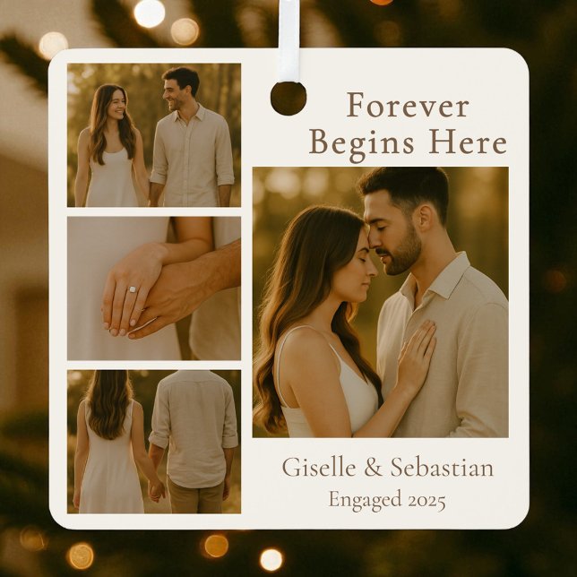 Engagement Collage Christmas Holiday 4 Photo  Metal Ornament (Creator Uploaded)