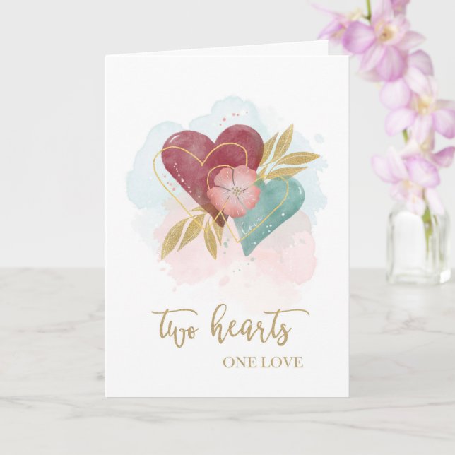 Engagement Congratulations Watercolor Two Hearts Card (Orchid)