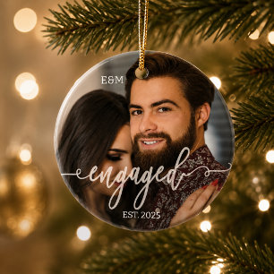 Engagement Couple Photo Overlay White Text Ceramic Ornament